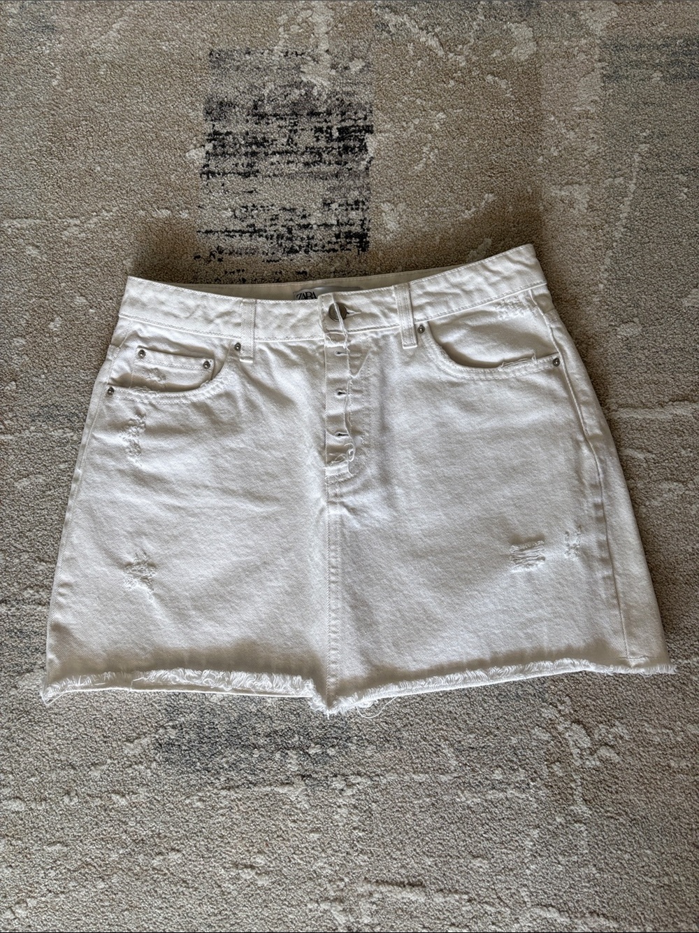 Zara White Distressed Denim Mini Skirt